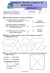 Identifier et décrire les quadrilatères - Évaluation de géométrie : 4eme Primaire - PDF à imprimer