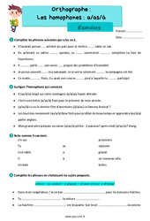 Les homophones - Fiches a/as/à - Exercices d'orthographe : 4eme Primaire - PDF à imprimer