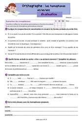 Les homophones grammaticaux - Fiches et es est - Évaluation d'orthographe : 4eme Primaire - PDF à imprimer