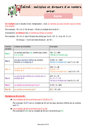Multiples et diviseurs d’un nombre entier - Cours, Leçon de calcul : 4eme Primaire <small style='color:inherit;'>(téléchargement gratuit)</small>