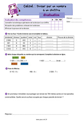 Diviser par un nombre à un chiffre - Évaluation de calcul : 4eme Primaire - PDF à imprimer