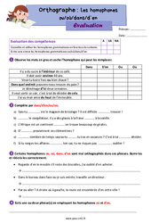 Les homophones grammaticaux - Fiches ou/où et dans/d’en - Évaluation d'orthographe : 4eme Primaire - PDF à imprimer