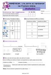 Lire, écrire et représenter des fractions simples - Évaluation de numération : 4eme Primaire - PDF à imprimer