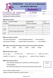 Lire, écrire et décomposer les nombres décimaux - Examen Evaluation de numération : 4eme Primaire - PDF à imprimer