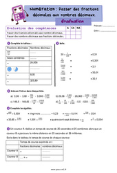 Passer des fractions décimales aux nombres décimaux et inversement - Examen Evaluation de numération : 4eme Primaire - PDF à imprimer