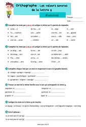 Les valeurs sonores de la lettre g - Exercices d'orthographe : 4eme Primaire - PDF à imprimer