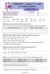 Comparer, ranger les nombres décimaux - Examen Evaluation de numération : 4eme Primaire - PDF à imprimer