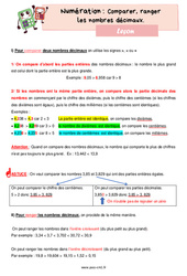 Comparer, ranger les nombres décimaux - Cours, Leçon de numération : 4eme Primaire - PDF gratuit à imprimer