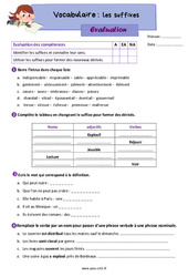 Les suffixes - Évaluation de vocabulaire : 4eme Primaire - PDF à imprimer