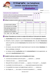 Les homophones lexicaux - Fiches eau os au aux haut - Évaluation d'orthographe : 4eme Primaire - PDF à imprimer