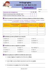 Accord du nom dans le GN - Évaluation d'orthographe : 4eme Primaire - PDF à imprimer
