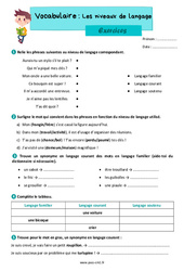 Les niveaux de langage - Exercices de vocabulaire : 4eme Primaire - PDF à imprimer