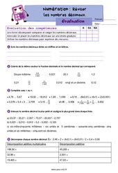 Les nombres décimaux (révision) - Examen Evaluation de numération : 4eme Primaire - PDF à imprimer