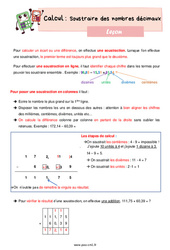 Soustraire des nombres décimaux - Cours, Leçon de calcul : 4eme Primaire <small style='color:inherit;'>(téléchargement gratuit)</small>