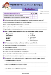 Les niveaux de langue - Évaluation de vocabulaire : 5eme Primaire - PDF à imprimer