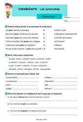 Les synonymes - Exercices de vocabulaire : 5eme Primaire - PDF à imprimer