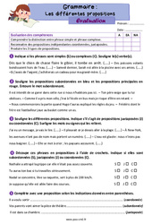 Les différentes propositions (subordonnées, juxtaposées, coordonnées) - Évaluation de grammaire : 5eme Primaire - PDF à imprimer