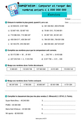 Ranger et comparer les nombres entiers inférieur à 1 000 000 000 - Exercices de numération : 5eme Primaire - PDF à imprimer
