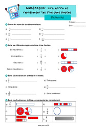 Lire, écrire et représenter les fractions simples - Exercices de numération : 5eme Primaire - PDF à imprimer