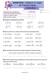 Comparer et ranger les fractions simples - Évaluation de numération : 5eme Primaire - PDF à imprimer