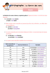 Le féminin des noms - Cours, Leçon d'orthographe : 5eme Primaire - PDF gratuit à imprimer