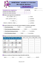 Encadrer, intercaler les nombres décimaux - Évaluation de numération : 5eme Primaire - PDF à imprimer