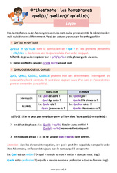Homophones - Fiches quel(s)/ quelle(s)/ qu’elle(s) - Cours, Leçon d'orthographe : 5eme Primaire - PDF gratuit à imprimer