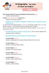 Les mots d’origine étrangère - Cours, Leçon d'orthographe : 5eme Primaire - PDF gratuit à imprimer