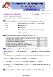 Les homophones grammaticaux - Fiches la, là, l’a, l’as - Évaluation d'orthographe : 5eme Primaire - PDF à imprimer