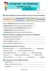 Les homophones grammaticaux - Fiches la, là, l’a, l’as - Exercices d'orthographe : 5eme Primaire - PDF à imprimer