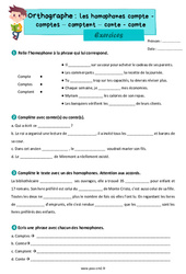 Les homophones lexicaux - Fiches compte - comptes - comptent - conte - comte - Exercices d'orthographe : 5eme Primaire - PDF à imprimer