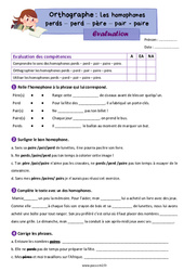 Les homophones lexicaux - Fiches perds - perd - père - pair - paire - Évaluation d'orthographe : 5eme Primaire - PDF à imprimer