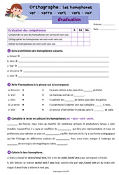 Les homophones lexicaux - Fiches ver - verre - vert - vers - vair - Évaluation d'orthographe : 5eme Primaire - PDF à imprimer