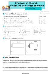 Calculer une aire - unités de mesure - Exercices de grandeurs et mesures : 5eme Primaire - PDF à imprimer