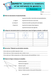 Connaitre le vocabulaire et les instruments de géométrie - Exercices de géométrie : 5eme Primaire - PDF à imprimer