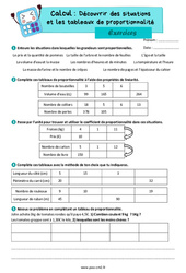 Découvrir les situations et les tableaux de proportionnalité - Exercices de calcul : 5eme Primaire - PDF à imprimer