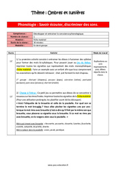 Phonologie - Ombres et lumières - Séquence complète : 1ere Maternelle - Cycle Fondamental - PDF à imprimer