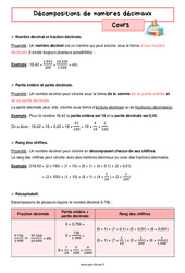 Décompositions de nombres décimaux - Cours de numération pour la  : 6eme Primaire - PDF à imprimer