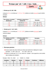 Division par 10 / 100 / 0,1 / 0,01 … - Cours de nombres et calculs pour la  : 6eme Primaire - PDF à imprimer