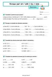 Division par 10 / 100 / 0,1 / 0,01 … - Exercices de nombres et calculs pour la  : 6eme Primaire - PDF à imprimer