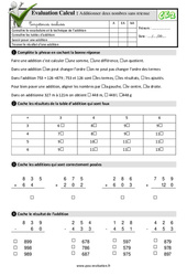 L'addition de deux nombres avec retenue - Examen Evaluation- Fiches QCM - Quiz  : 3eme Primaire - PDF à imprimer