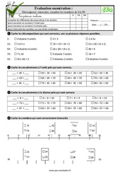 Décomposer encadrer intercaler de 0 à 99 - Examen Evaluation- Fiches QCM - Quiz  : 3eme Primaire - PDF à imprimer