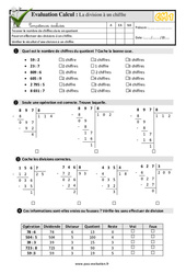 La division à un chiffre - Examen Evaluation- Fiches QCM - Quiz  : 4eme Primaire - PDF à imprimer