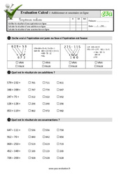 Additionner et soustraire en ligne - Examen Evaluation- Fiches QCM - Quiz  : 3eme Primaire - PDF à imprimer
