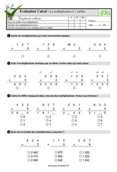 La multiplication à un chiffre - Examen Evaluation- Fiches QCM - Quiz à imprimer : 3eme Primaire
