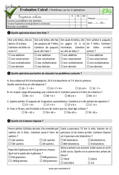 Problèmes sur les 4 opérations - Examen Evaluation- Fiches QCM - Quiz  : 3eme Primaire - PDF à imprimer