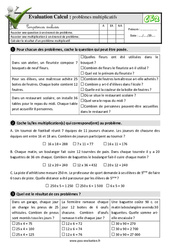 Problèmes multiplicatifs - Examen Evaluation- Fiches QCM - Quiz  : 3eme Primaire - PDF à imprimer