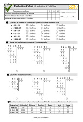 La division à 2 chiffres - Examen Evaluation- Fiches QCM - Quiz  : 4eme Primaire - PDF à imprimer