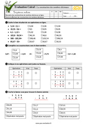 Soustraction des nombres décimaux - Examen Evaluation- Fiches QCM - Quiz  : 5eme Primaire - PDF à imprimer