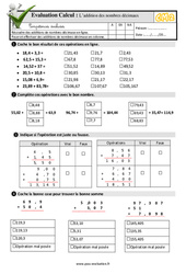 Addition des décimaux - Examen Evaluation- Fiches QCM - Quiz  : 5eme Primaire - PDF à imprimer